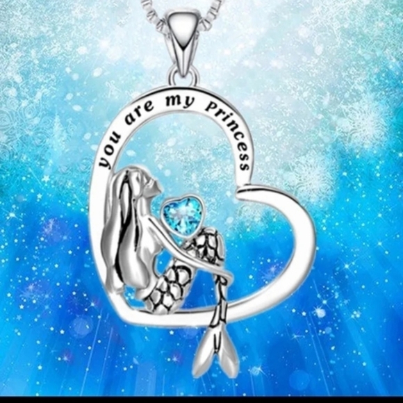 Necklace Mermaid 'you are my princess ' blue stone heart shape new - Picture 1 of 5